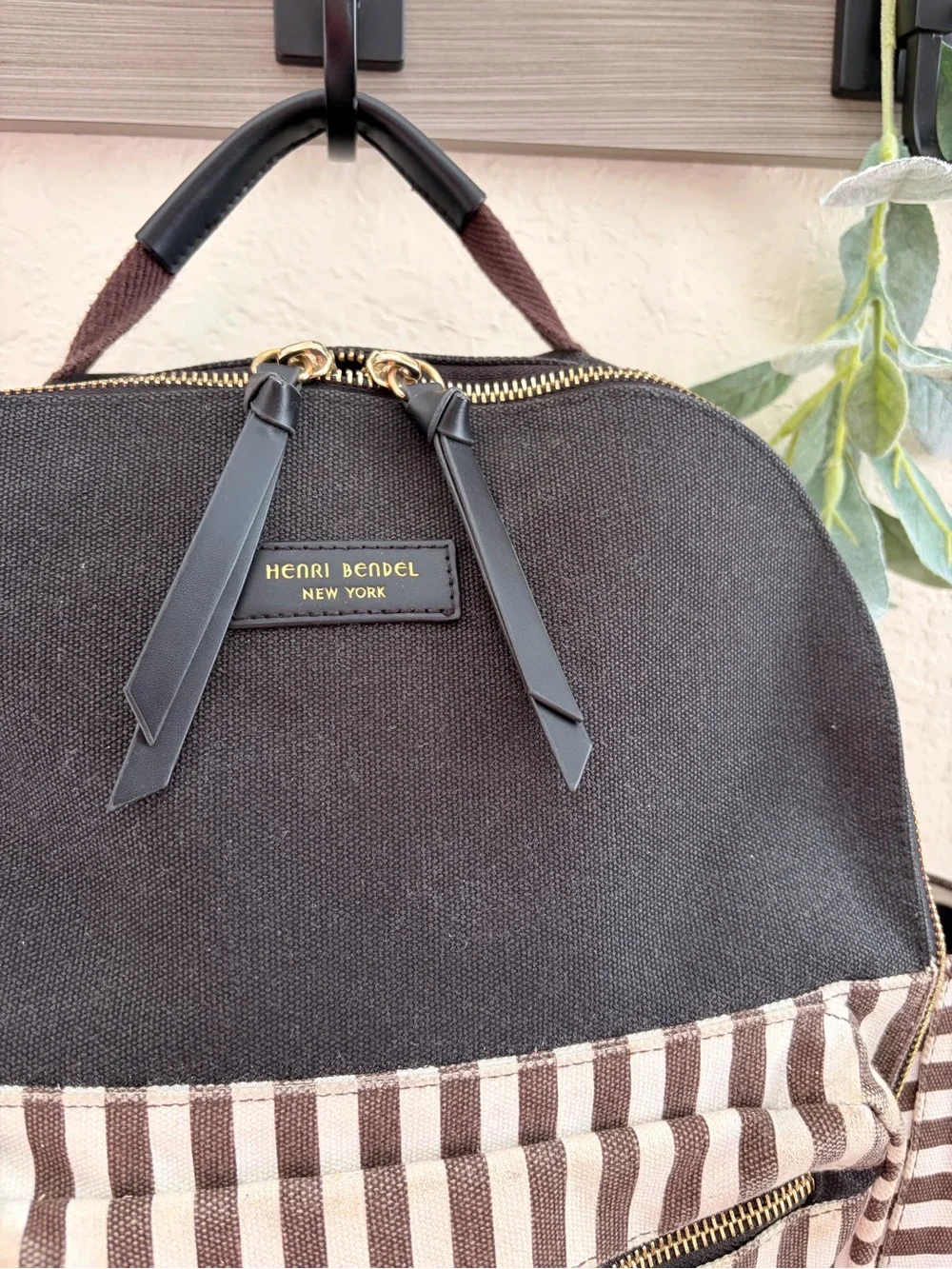 Henri Bendel Brown Stripe Backpack, Travel Backpack, Structurally Excellent